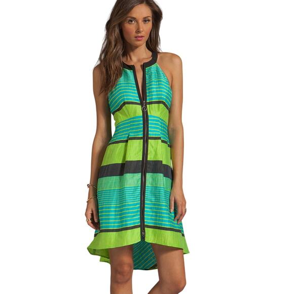 Nanette Lepore Bogatell Dress 2 Green Blue Linen Blend Stripe Feminine Chic ASO - Picture 1 of 16